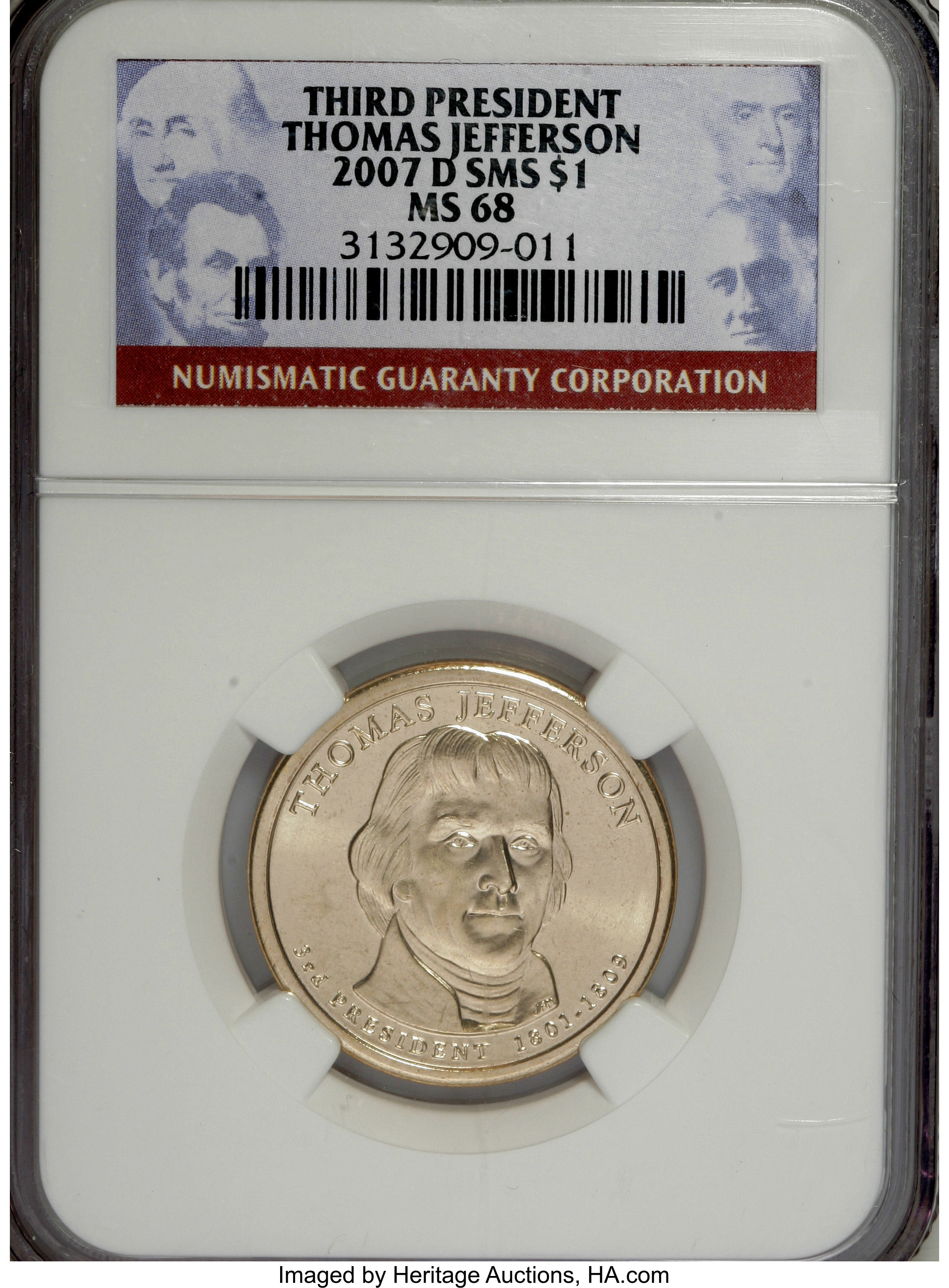 image for: 2007-D $1 Thomas Jefferson Satin Finish, Pos A MS68 NGC. NGC Census: (0/0). PCGS Population (542/102).   (#390548)...