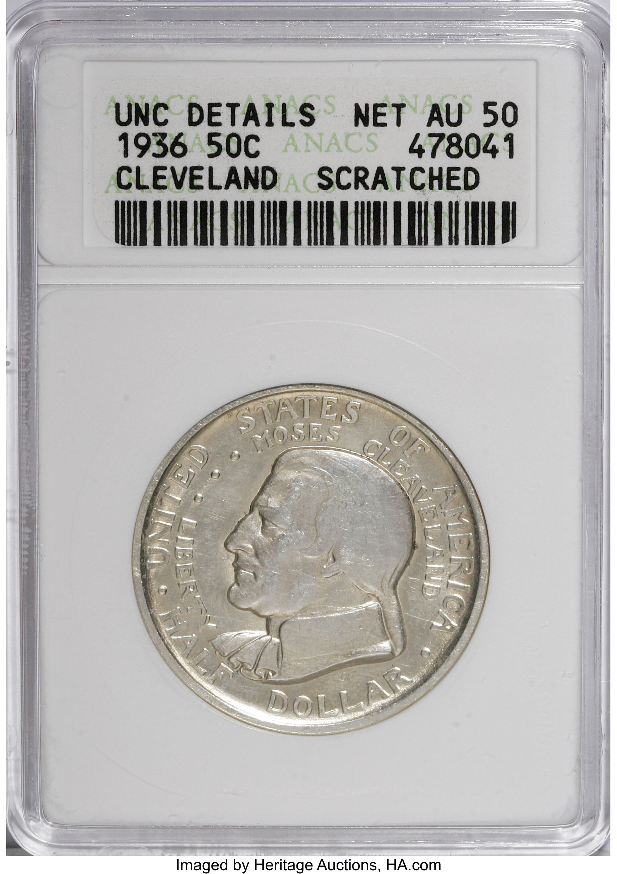 1936 50C Cleveland--Scratched--ANACS. UNC Details Net AU50. NGC Census: (0/4266). PCGS Population (0/6754). Mintage: 50,030...