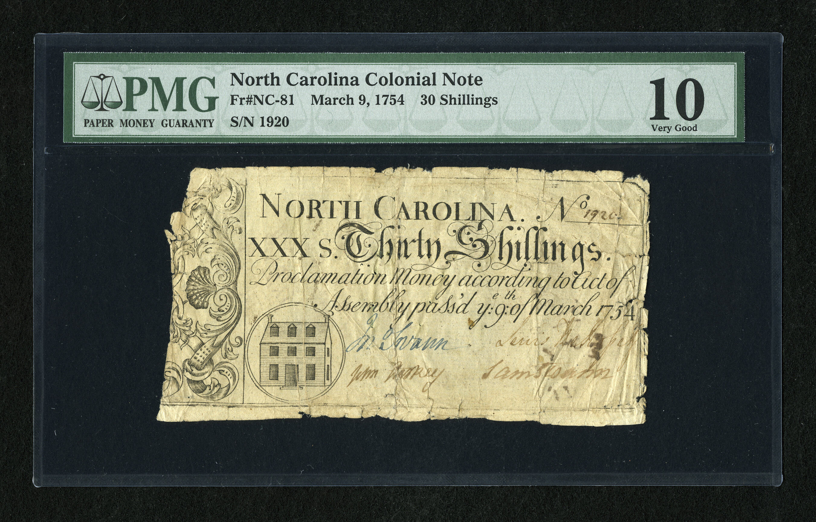 image for: North Carolina March 9, 1754 30s PMG Very Good 10....