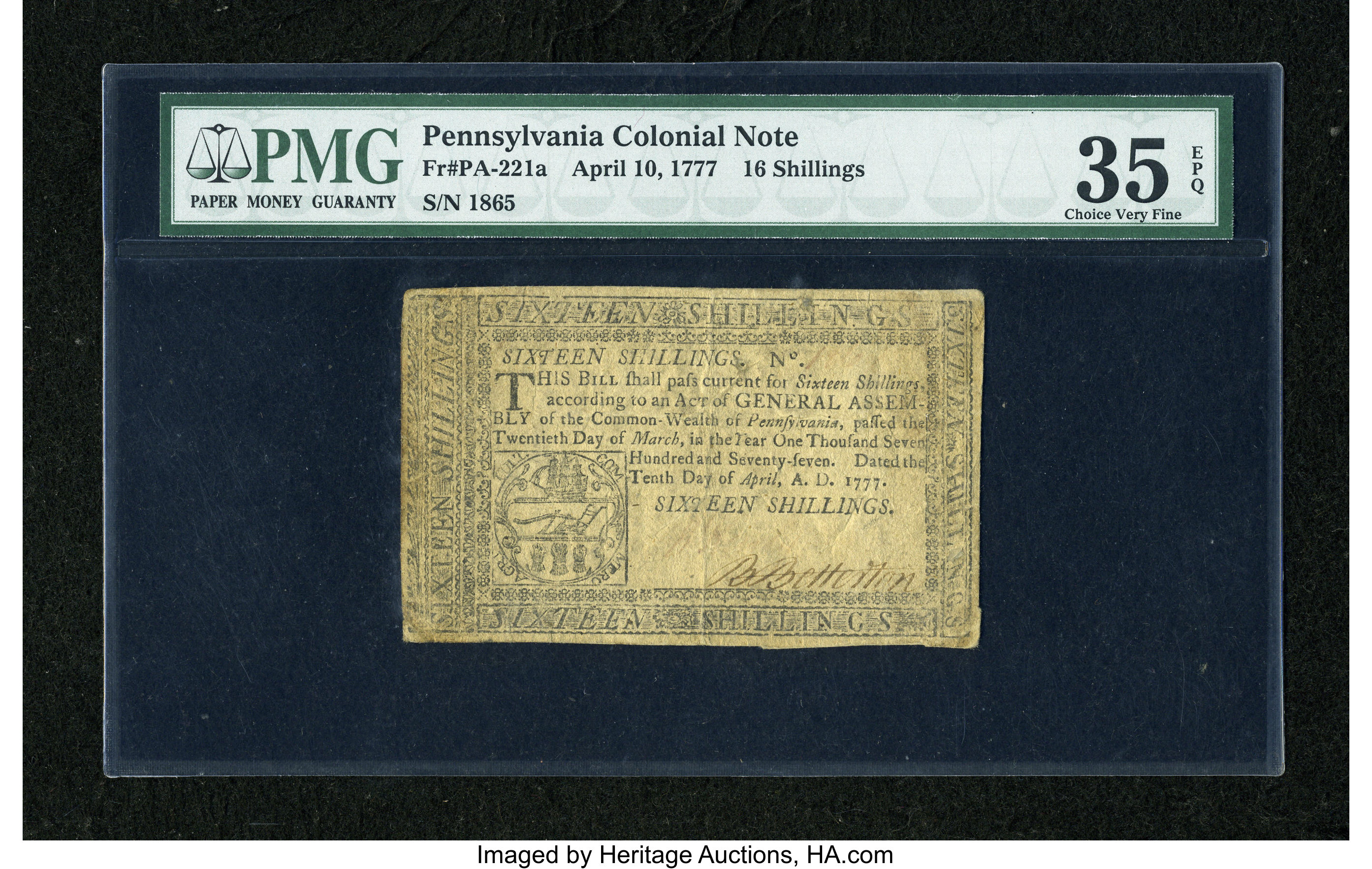 image for: Pennsylvania April 10, 1777 16s PMG Choice Very Fine 35 EPQ....