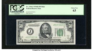 image for: Fr. 2104-J $50 1934B Federal Reserve Note. PCGS Choice New 63....