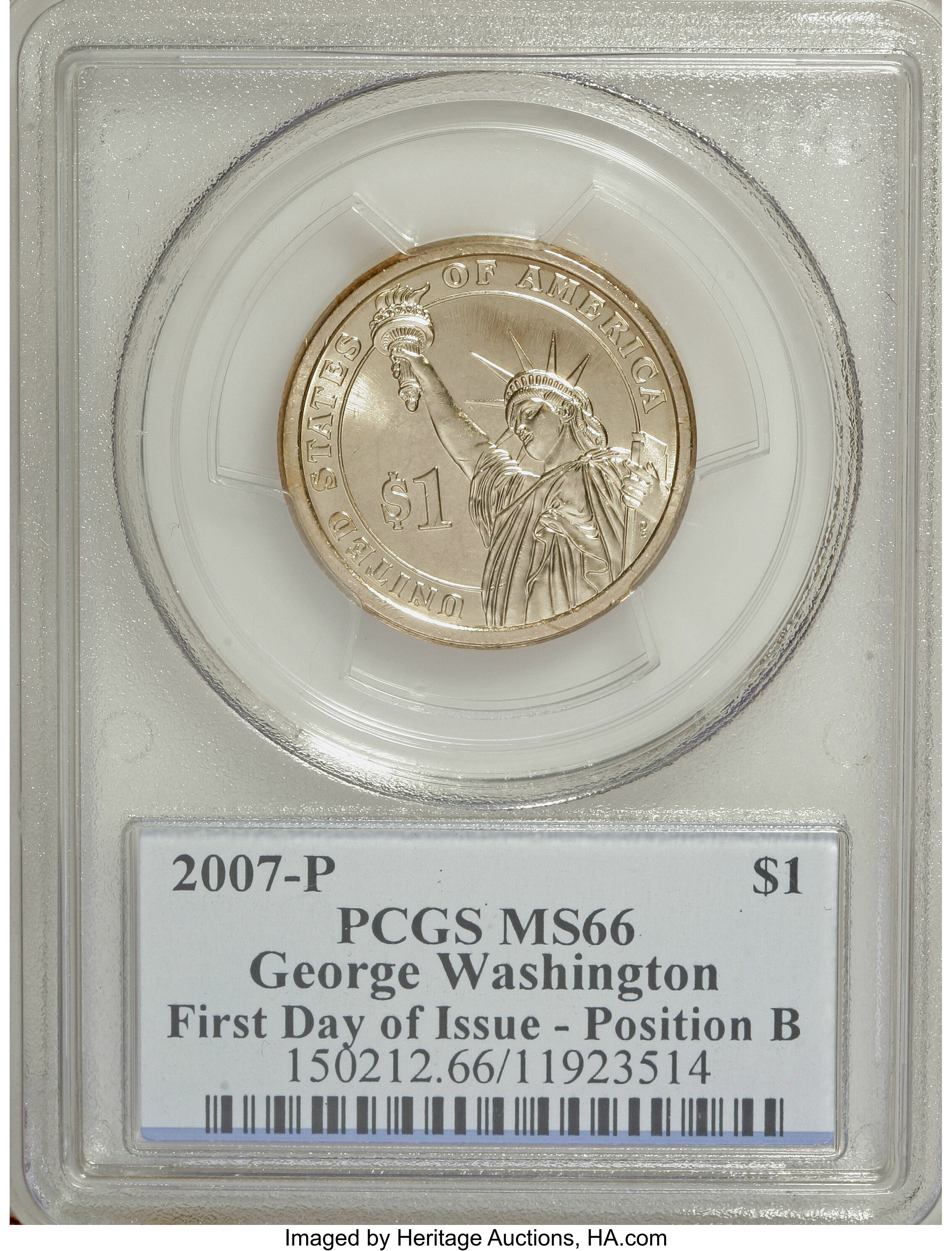image for: 2007-P $1 Washington First Day Of Issue- Pos B MS66 PCGS. PCGS Population (13/306). NGC Census: (0/0).   (#390547)...