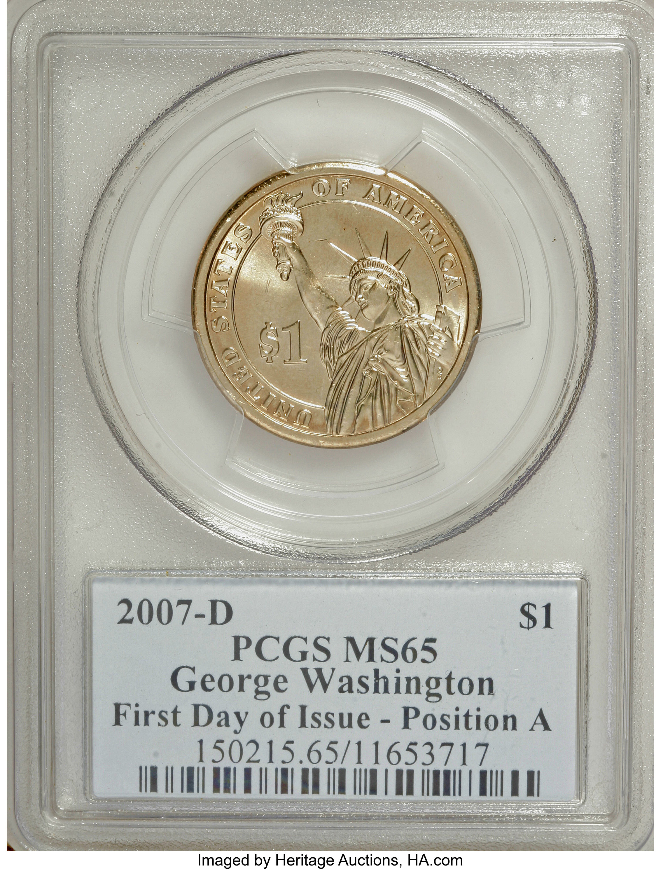 image for: 2007-D $1 Washington First Day of Issue Pos A MS65 PCGS. PCGS Population (0/631). NGC Census: (0/0).   (#390548)...