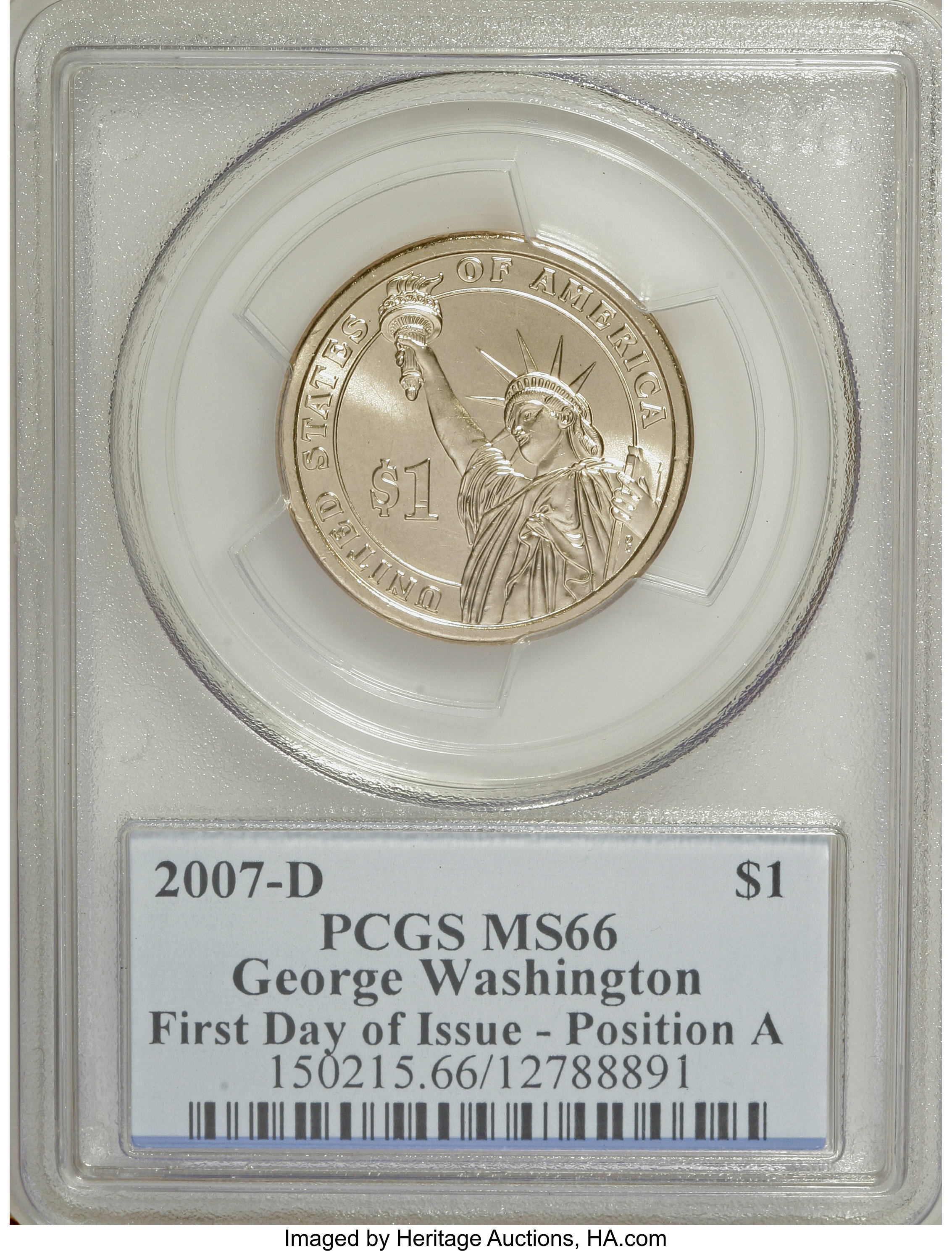 image for: 2007-D $1 Washington First Day of Issue Pos A MS66 PCGS. PCGS Population (1/630). NGC Census: (0/0).   (#390548)...