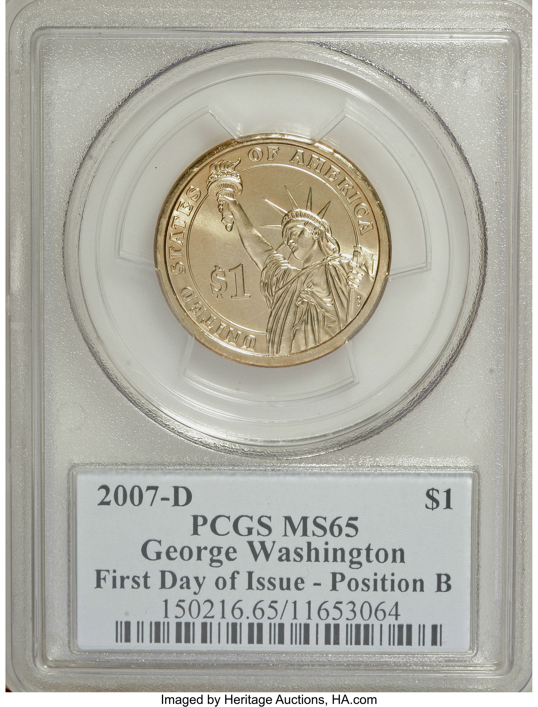 image for: 2007-D $1 Washington First Day of Issue, Pos B MS65 PCGS. PCGS Population (1/584). NGC Census: (0/0).   (#390549)...