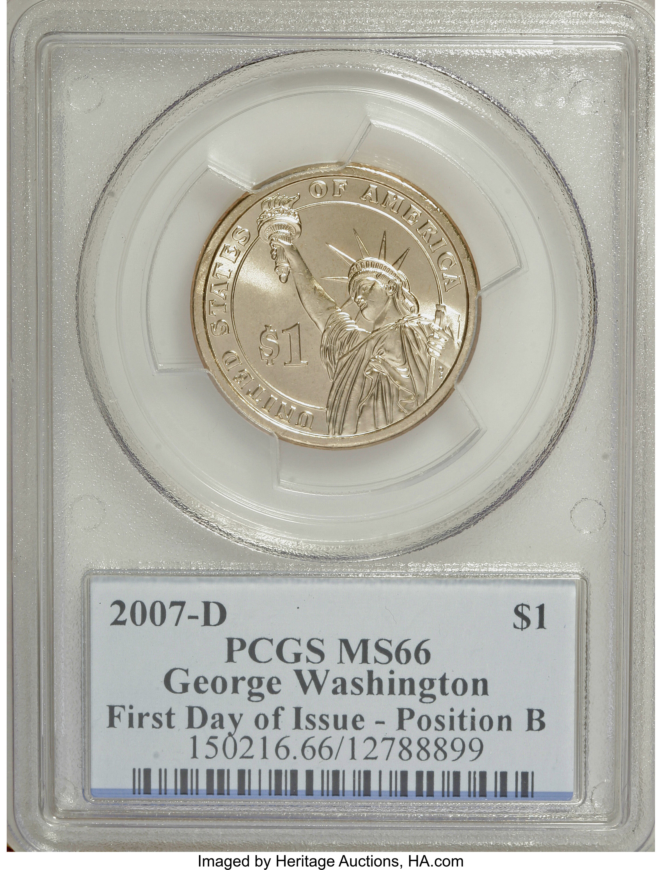 image for: 2007-D $1 Washington First Day of Issue Pos B MS66 PCGS. PCGS Population (4/580). NGC Census: (0/0).   (#390549)...
