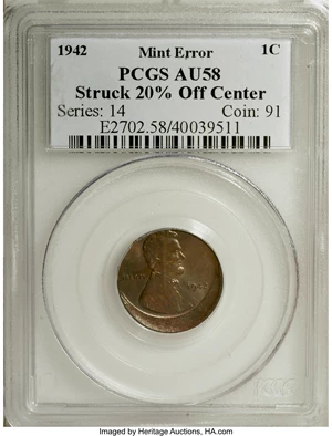 image for: 1942 1C Lincoln Cent--Struck 20% Off-Center--AU58 PCGS....