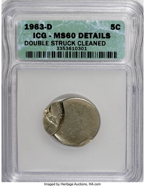image for: 1963-D 5C Jefferson Nickel--Double Struck, Cleaned--ICG. MS60 Details. ...