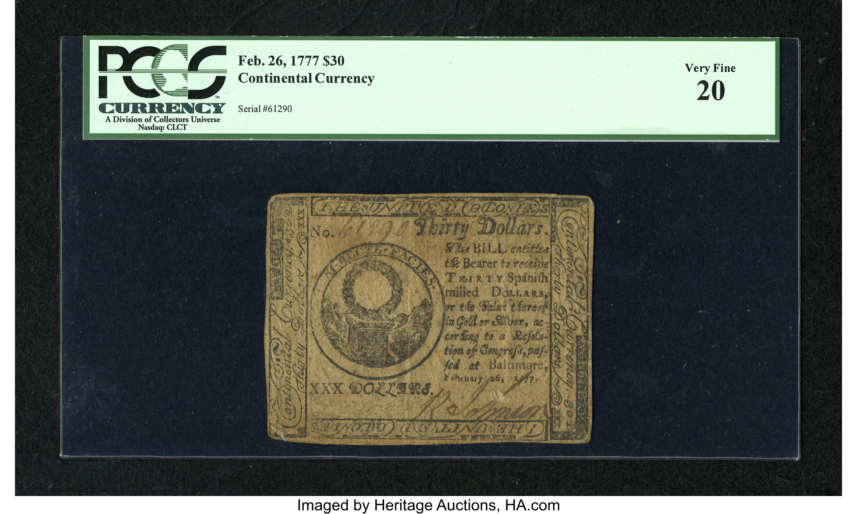 image for: Continental Currency February 26, 1777 $30 PCGS Very Fine 20....