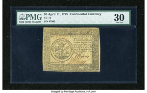 image for: Continental Currency April 11, 1778 $5 PMG Very Fine 30....