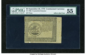 image for: Continental Currency September 26, 1778 $5 Counterfeit Detector PMG About Uncirculated 55....