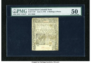 image for: Connecticut June 7, 1776 2s/6d Uncancelled PMG About Uncirculated 50....