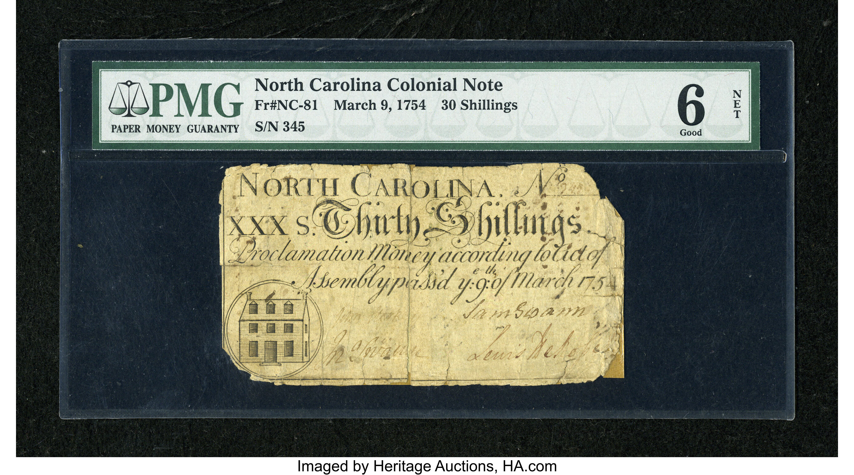 image for: North Carolina March 9, 1754 30s PMG Good Net 6....