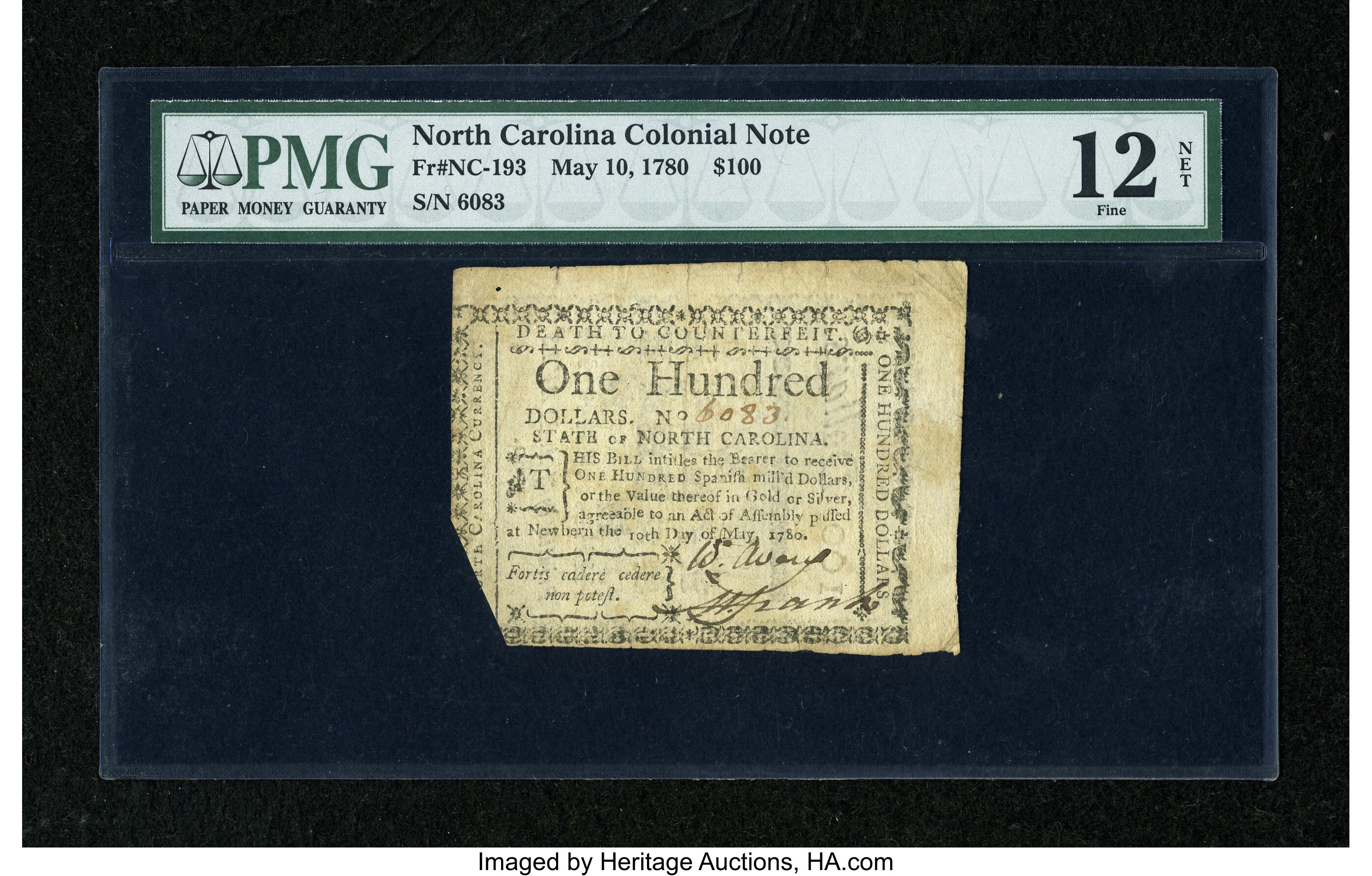 image for: North Carolina May 10, 1780 $100 PMG Fine Net 12....