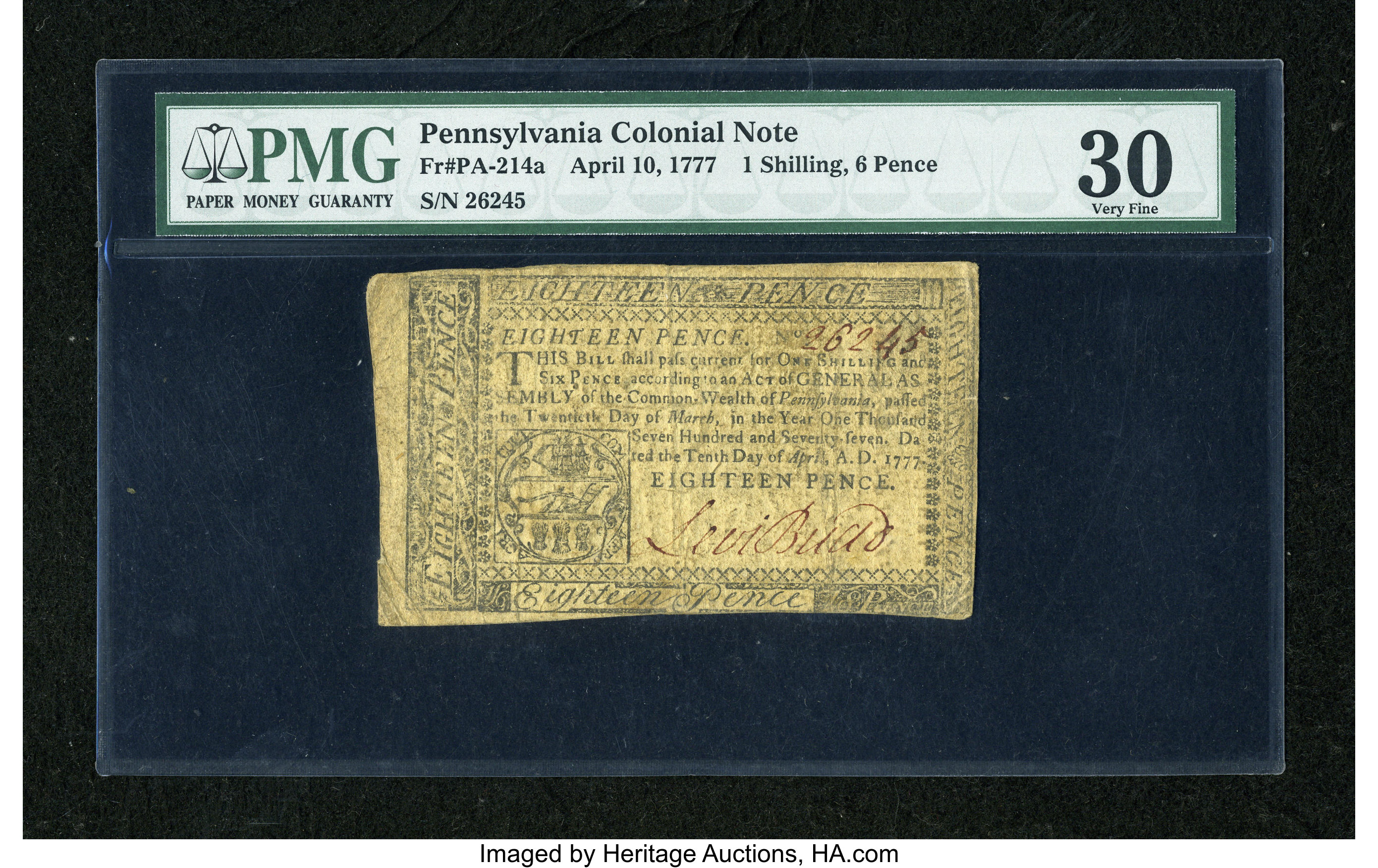 image for: Pennsylvania April 10, 1777 1s/6d PMG Very Fine 30....