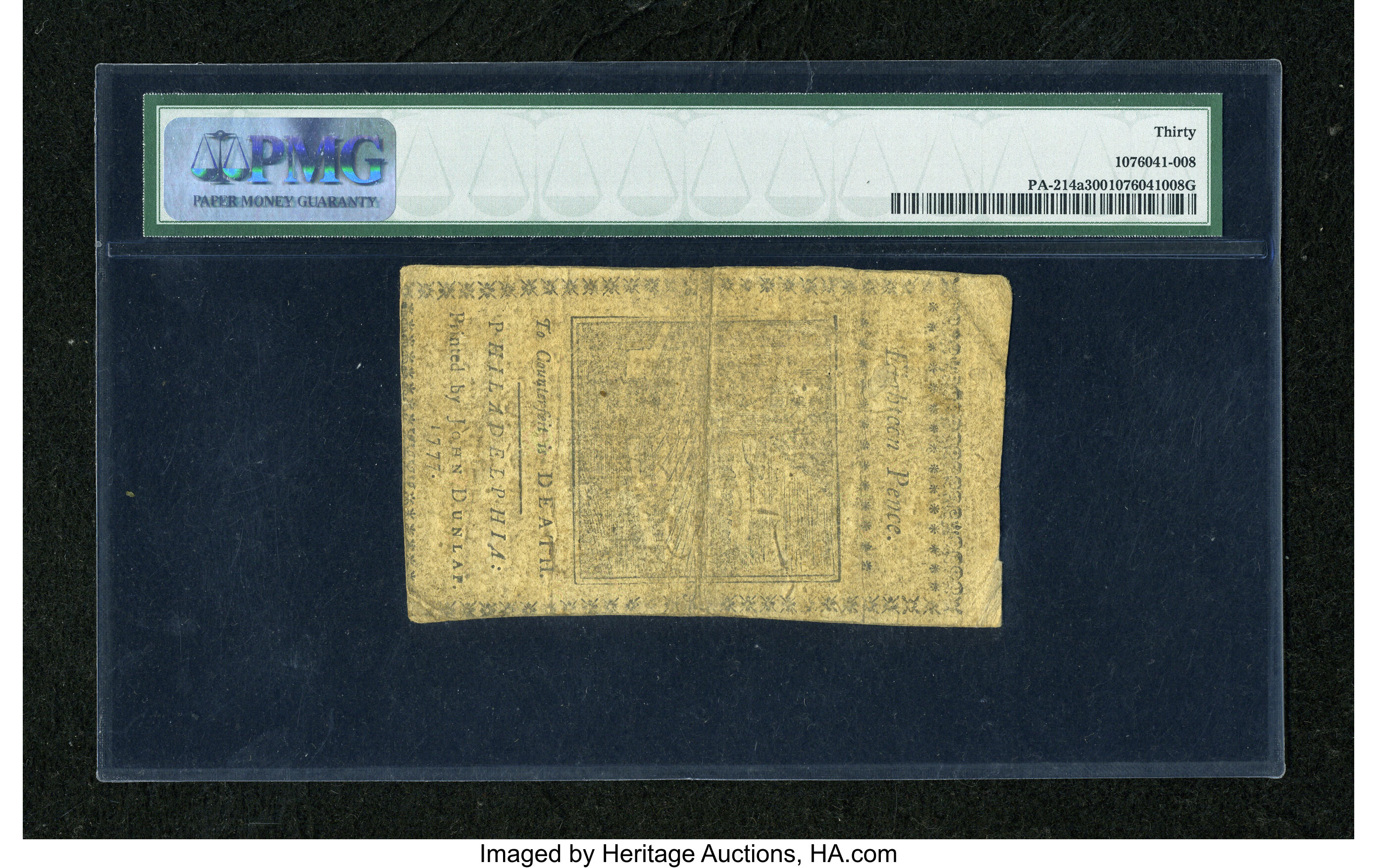 image for: Pennsylvania April 10, 1777 1s/6d PMG Very Fine 30....