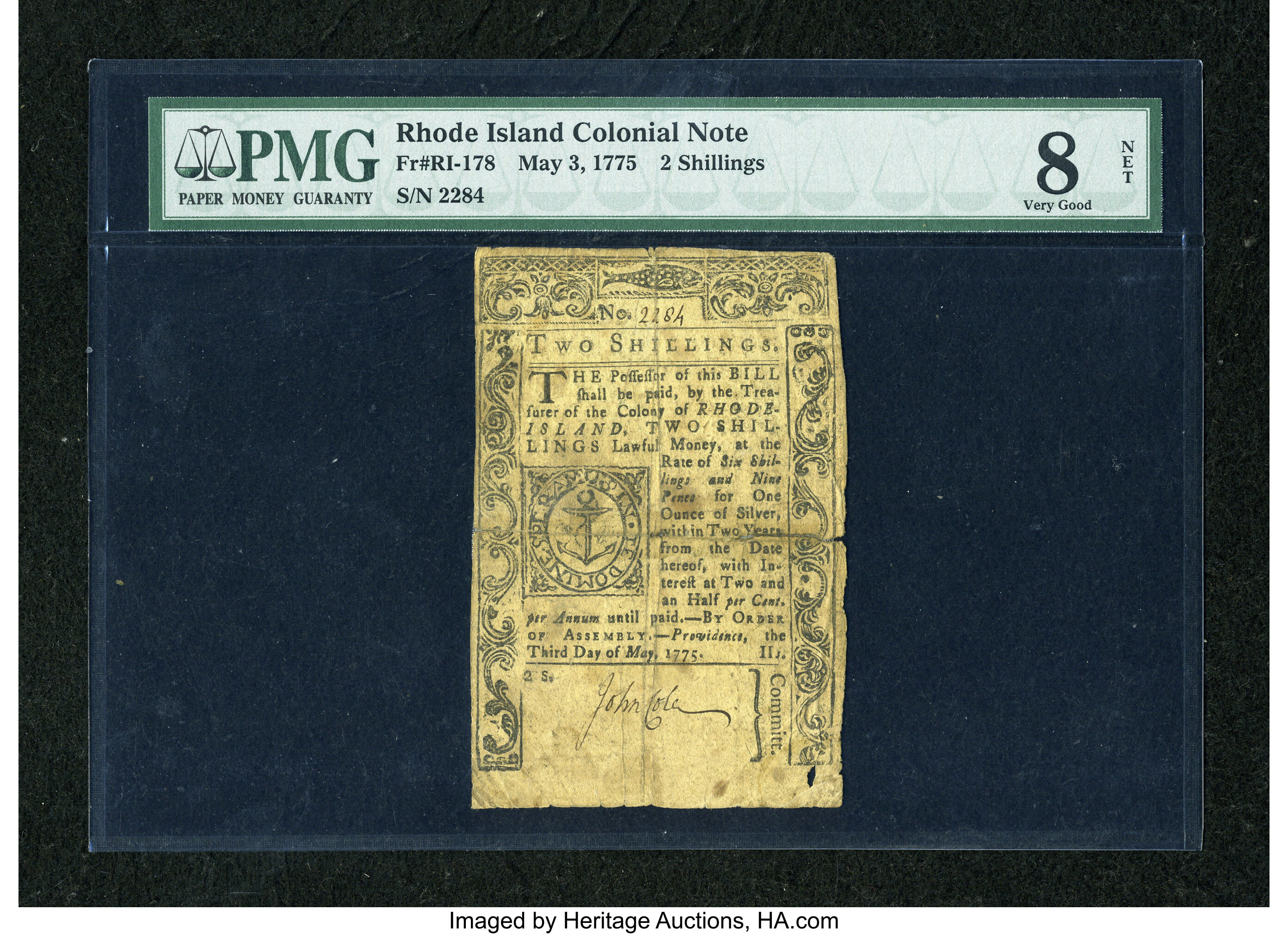 image for: Rhode Island May 3, 1775 2s PMG Very Good Net 8....