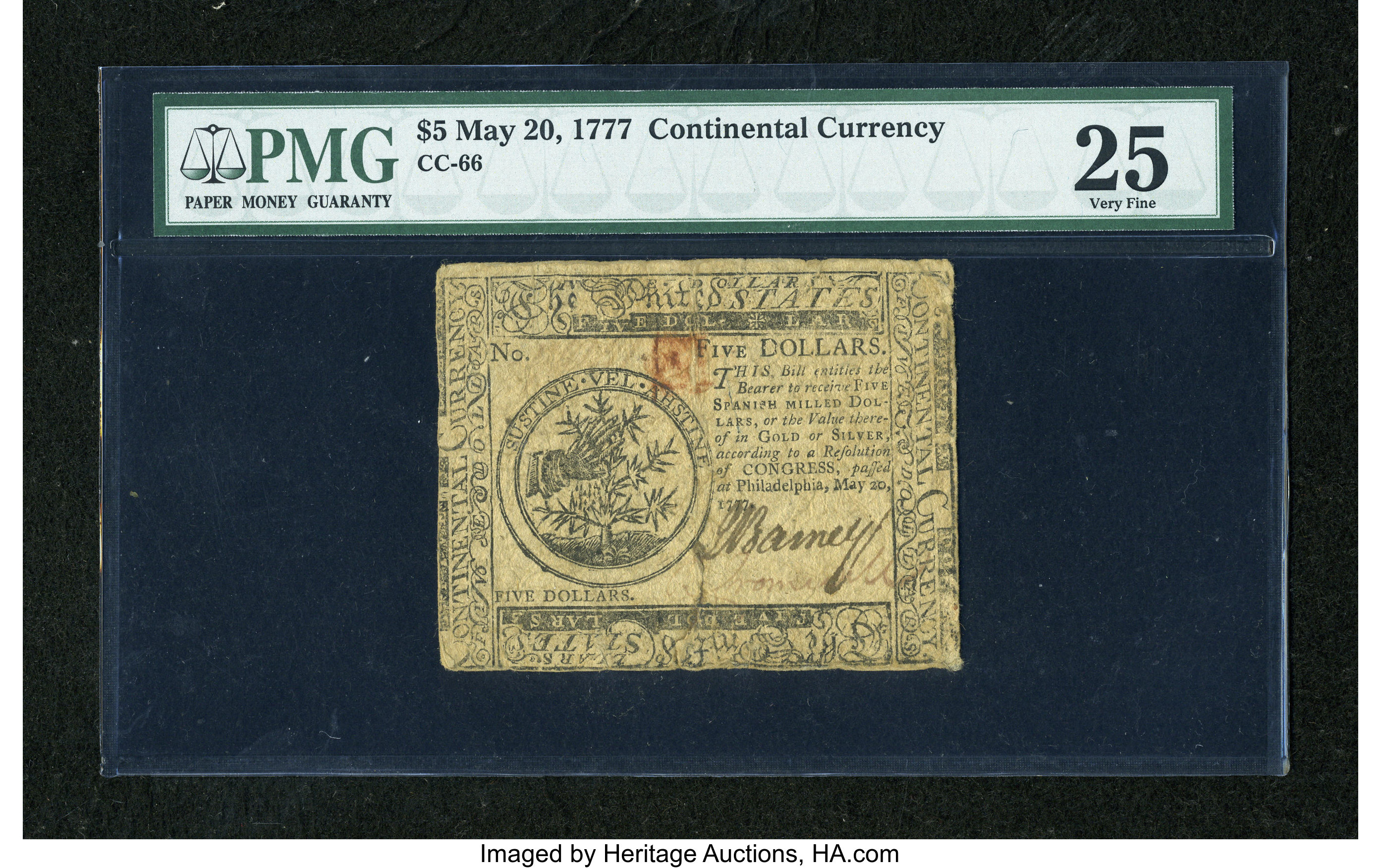 image for: Continental Currency May 20, 1777 $5 PMG Very Fine 25....