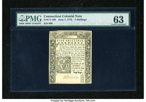 image for: Connecticut June 7, 1776 5s PMG Choice Uncirculated 63....