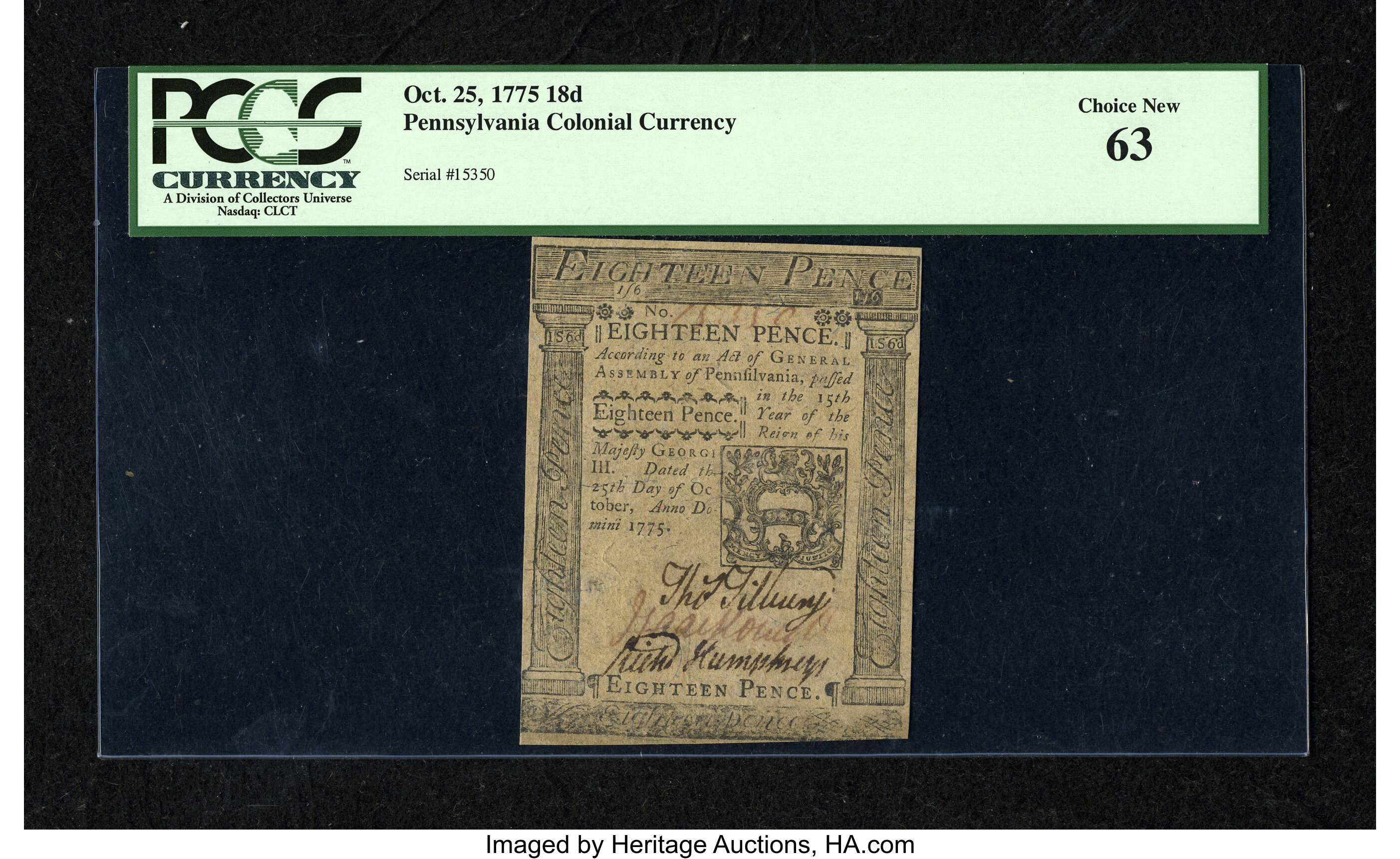 image for: Pennsylvania October 25, 1775 18d PCGS Choice New 63....