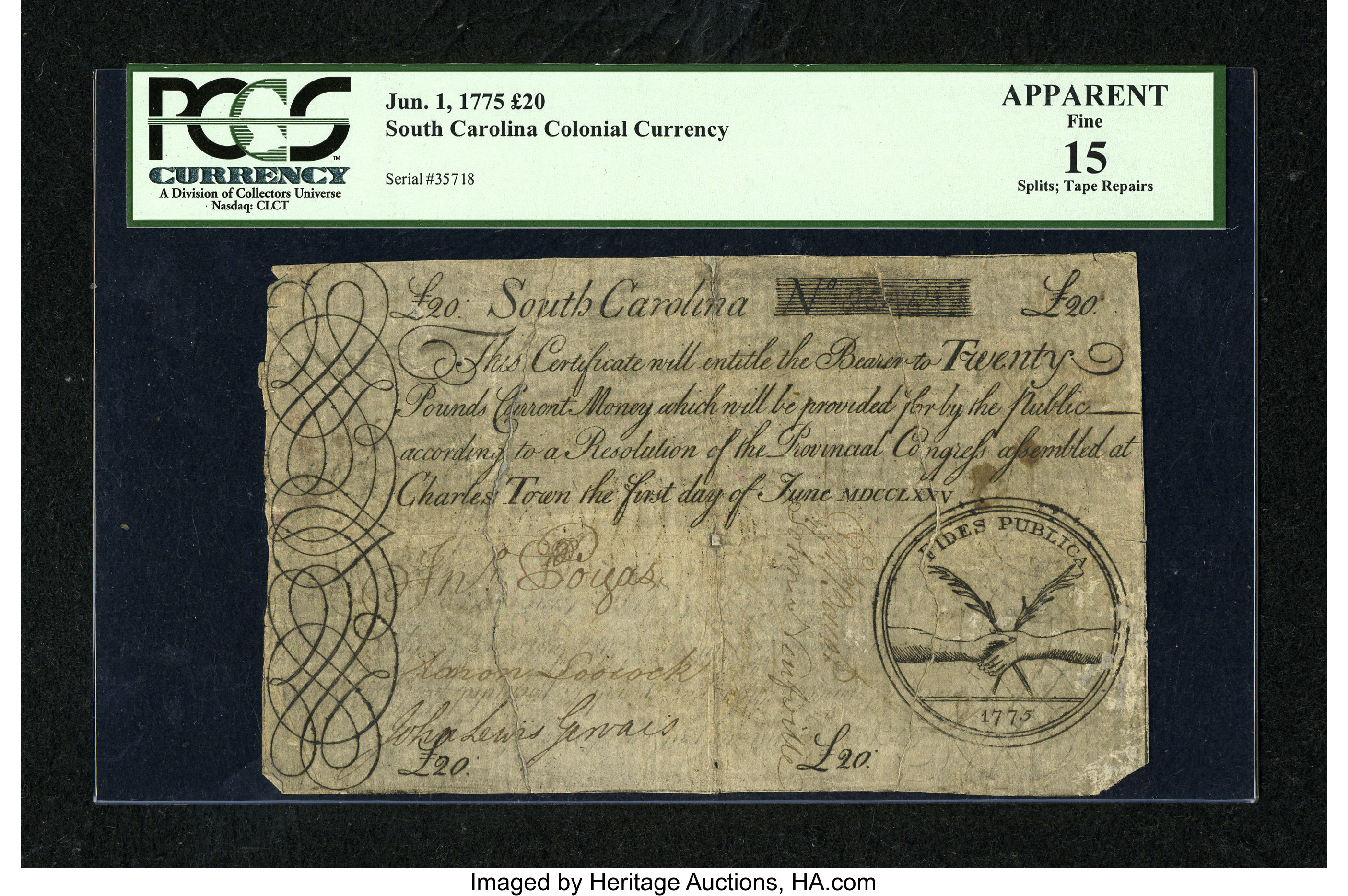 image for: South Carolina June 1, 1775 £20 PCGS Apparent Fine 15....