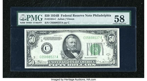 image for: Fr. 2104-C $50 1934B Federal Reserve Note. PMG Choice About Unc 58....