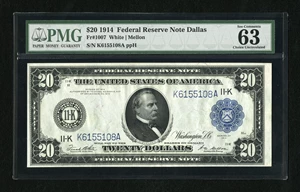 image for: Fr. 1007 $20 1914 Federal Reserve Note PMG Choice Uncirculated 63....
