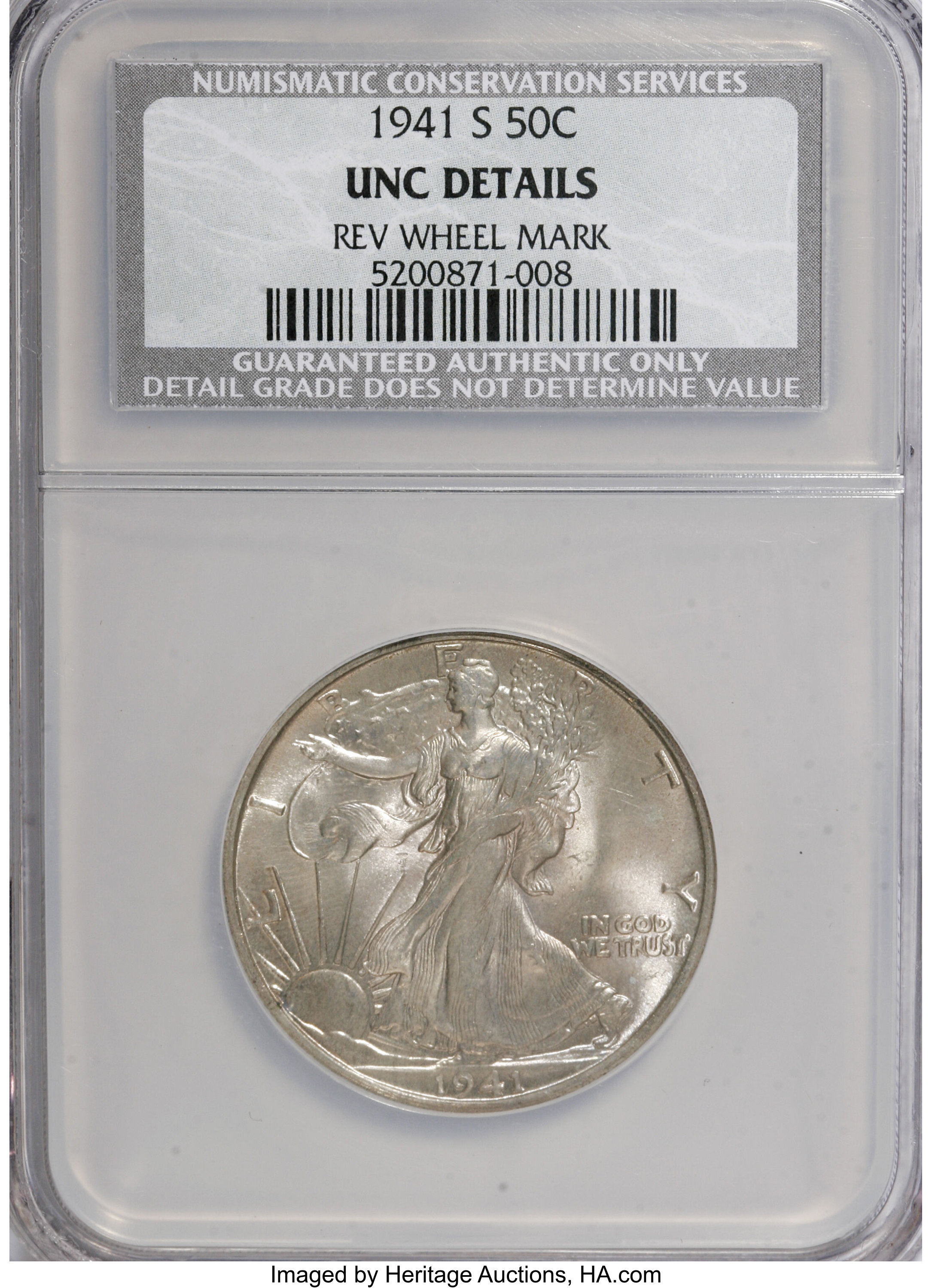 1941-S 50C --Reverse Wheel Mark--MS60 NCS. UNC Details. NGC Census: (5/4320). PCGS Population (23/7037). Mintage: 8,098,000....