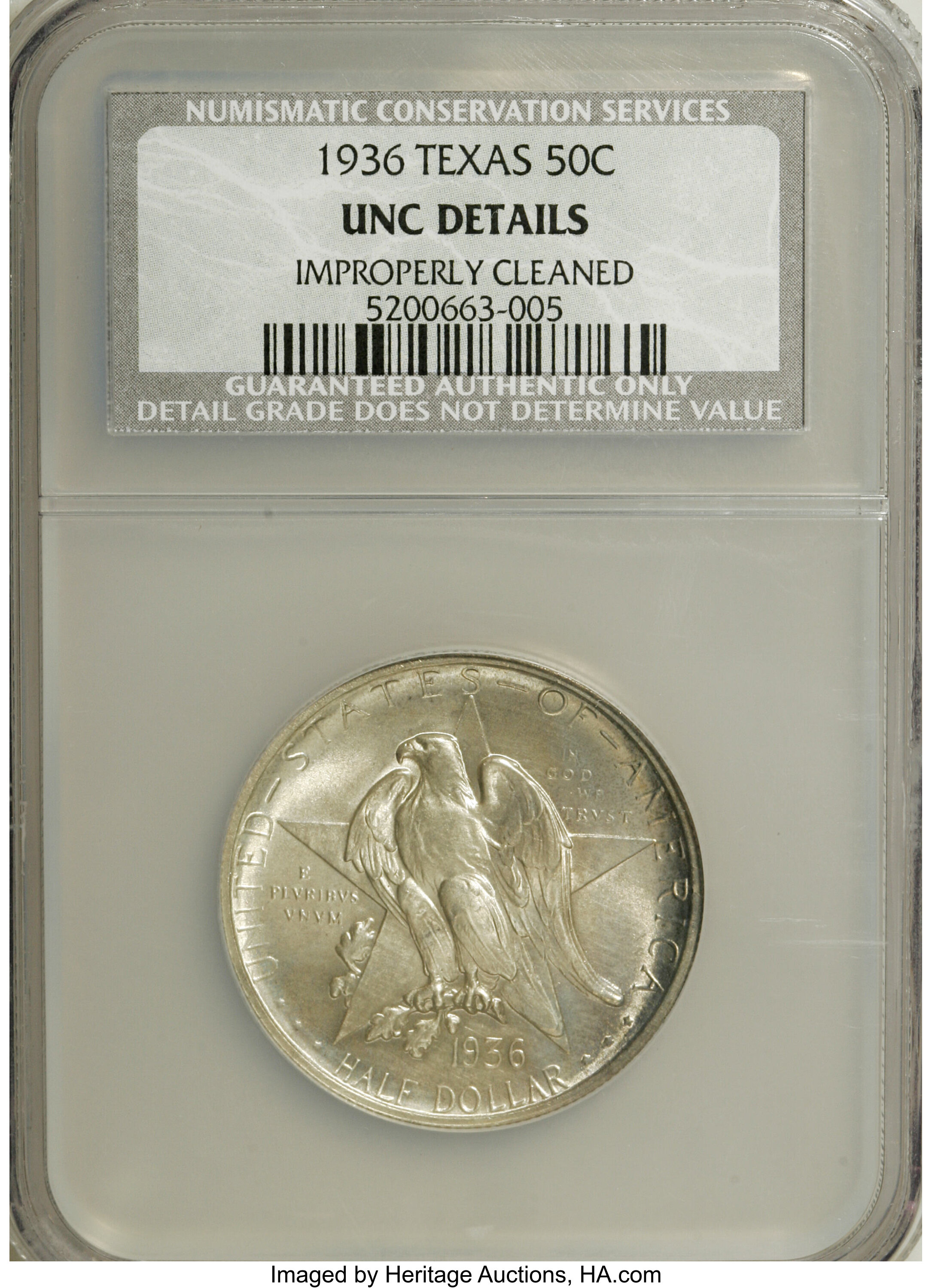 1936 50C Texas--Improperly Cleaned--NCS. UNC Details. NGC Census: (0/1235). PCGS Population (0/2058). Mintage: 8,911. Numis...