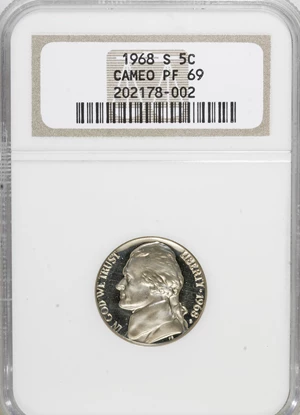 image for: 1968-S 5C PR69 Cameo NGC. NGC Census: (43/0). PCGS Population (37/0). Numismedia Wsl. Price for NGC/PCGS coin in PR69: $40...