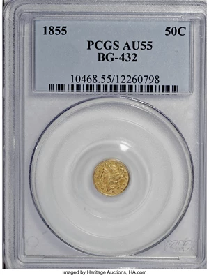 image for: 1855 50C Liberty Round 50 Cents, BG-432, R.5, AU55 PCGS. PCGS Population (2/32). NGC Census: (0/2). (#10468)...