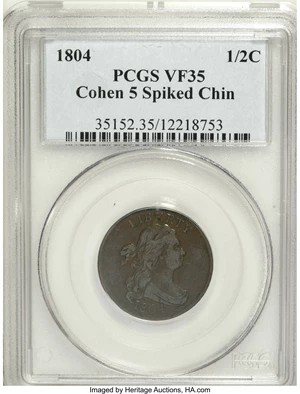 image for: 1804 1/2 C Spiked Chin VF35 PCGS. C-5, B-4, R.2. PCGS Population (1/0). Numismedia Wsl. Price for NGC/PCGS coin in VF35: $2...
