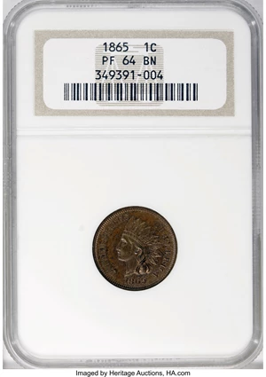 image for: 1865 1C PR64 Brown NGC. NGC Census: (14/7). PCGS Population (7/3). Mintage: 500. Numismedia Wsl. Price for NGC/PCGS coin in...