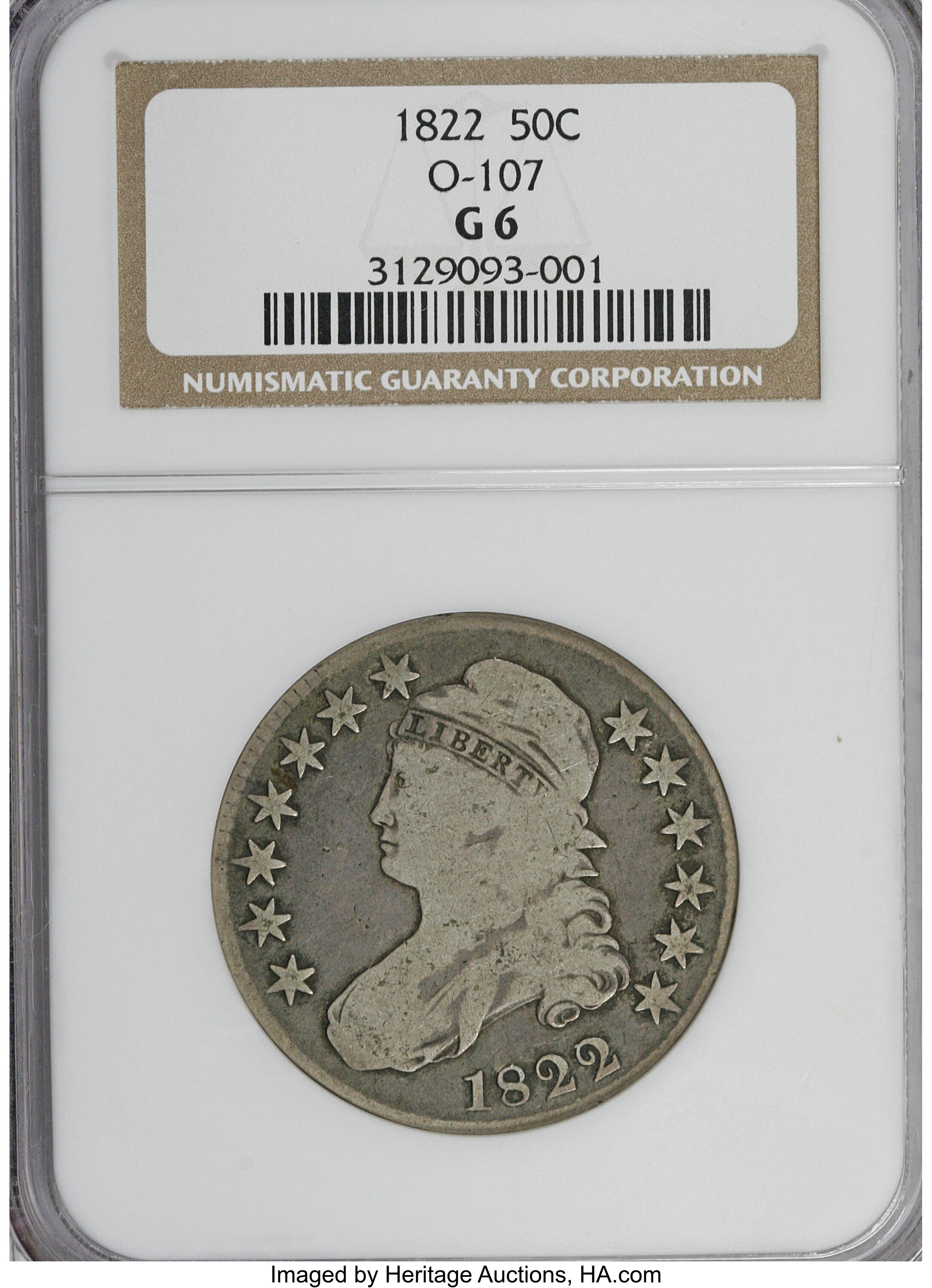 1822 50C G6 NGC. O-107. NGC Census: (3/467). PCGS Population (0/506). Mintage: 1,559,573. Numismedia Wsl. Price for NGC/PC...