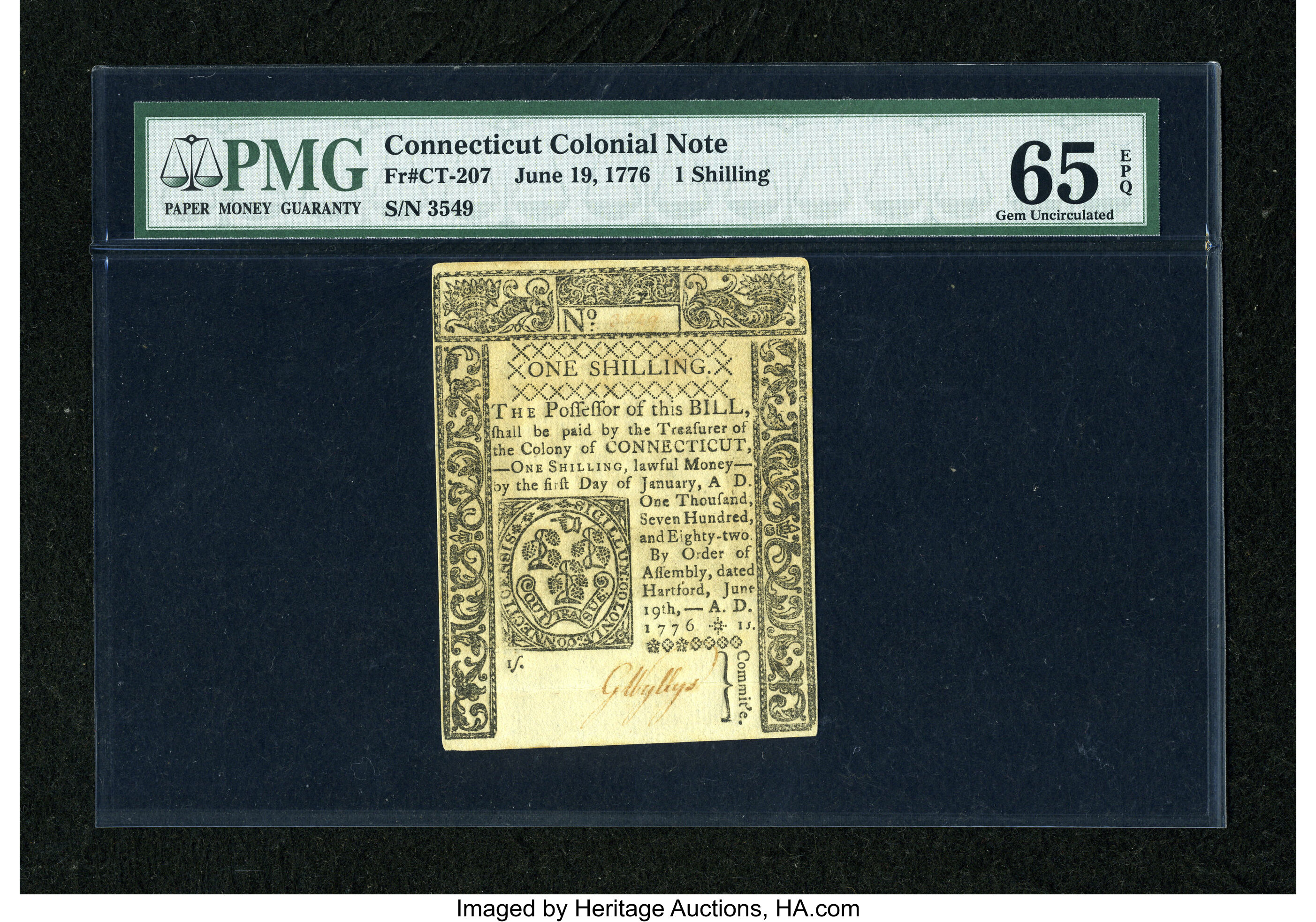 image for: Connecticut June 19, 1776 1s Uncancelled PMG Gem Uncirculated 65 EPQ....
