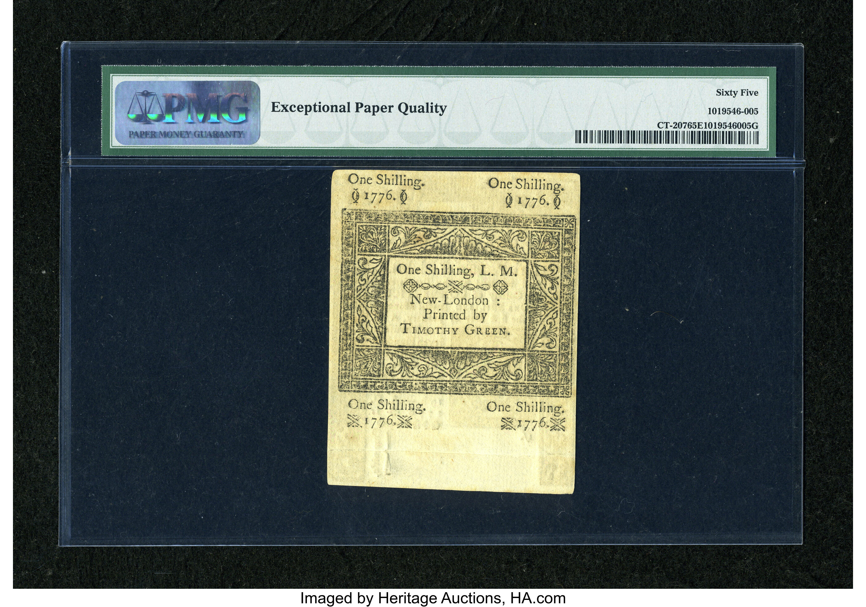 image for: Connecticut June 19, 1776 1s Uncancelled PMG Gem Uncirculated 65 EPQ....