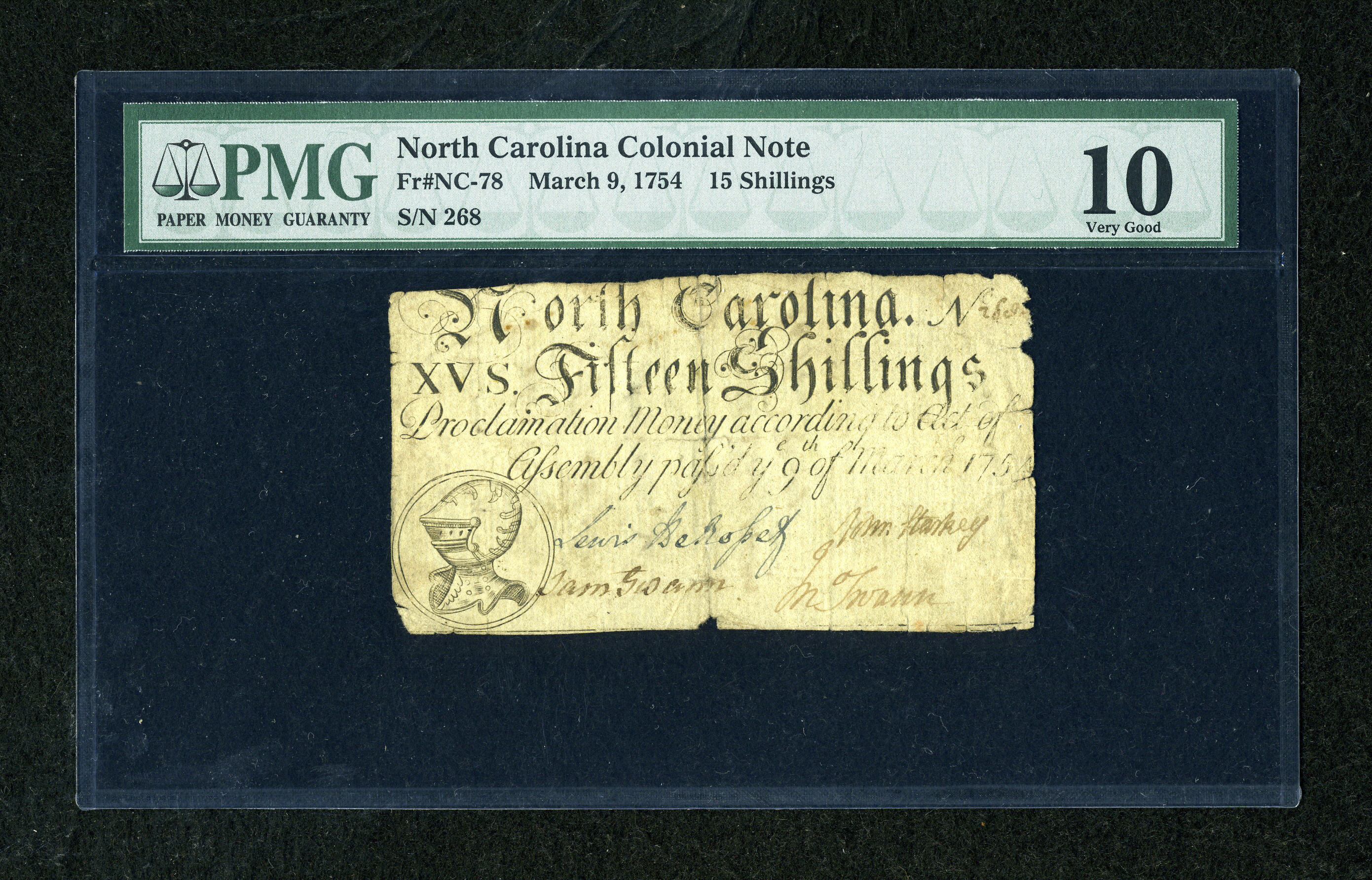 image for: North Carolina March 9, 1754 15s PMG Very Good 10....