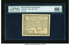 image for: Rhode Island July 2, 1780 $20 PMG Gem Uncirculated 66 EPQ....