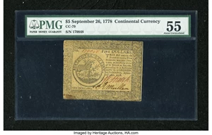 image for: Continental Currency September 26, 1778 $5 PMG About Uncirculated 55....
