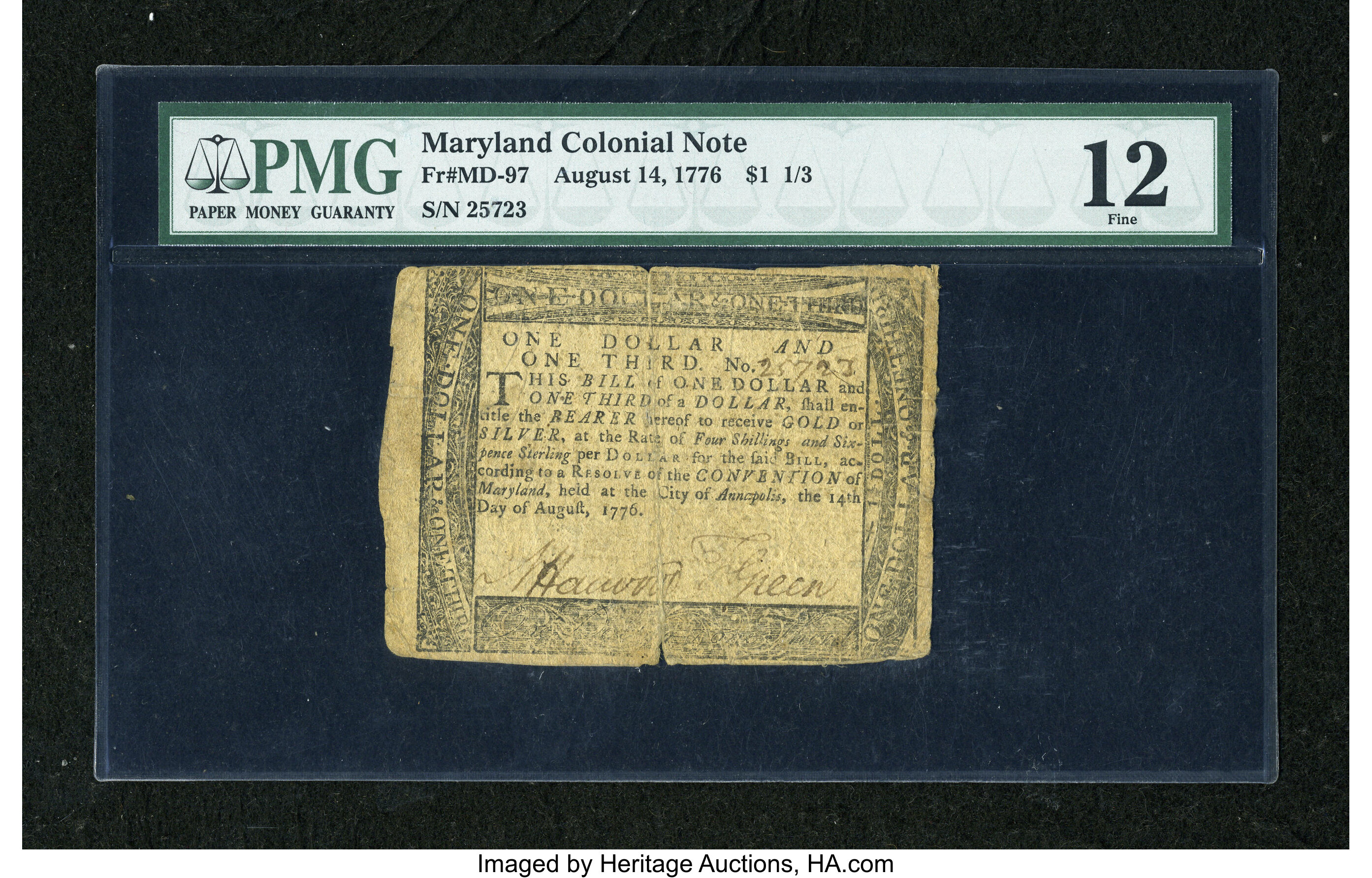 image for: Maryland August 14, 1776 $1  1/3 PMG Fine 12....
