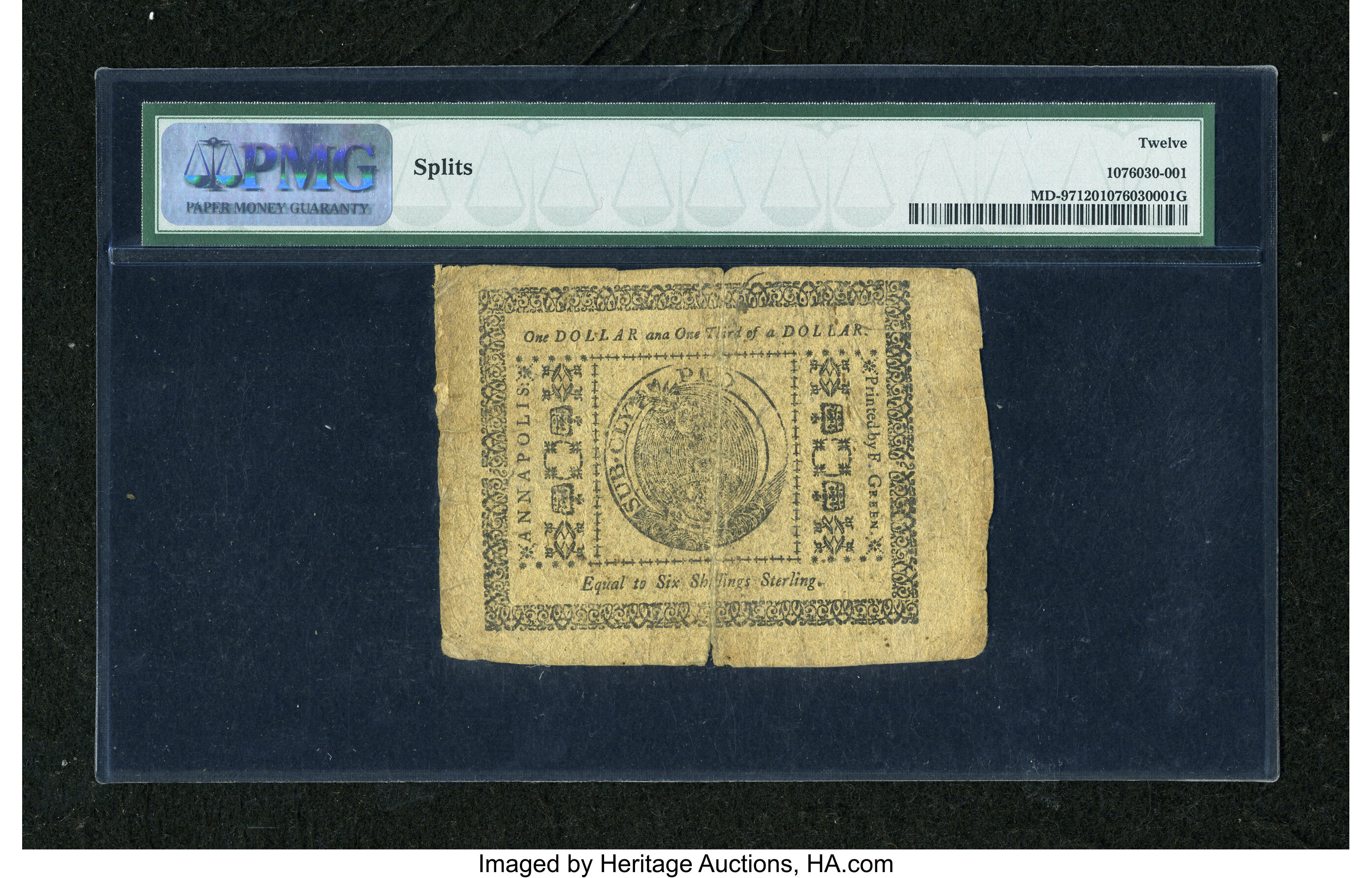image for: Maryland August 14, 1776 $1  1/3 PMG Fine 12....