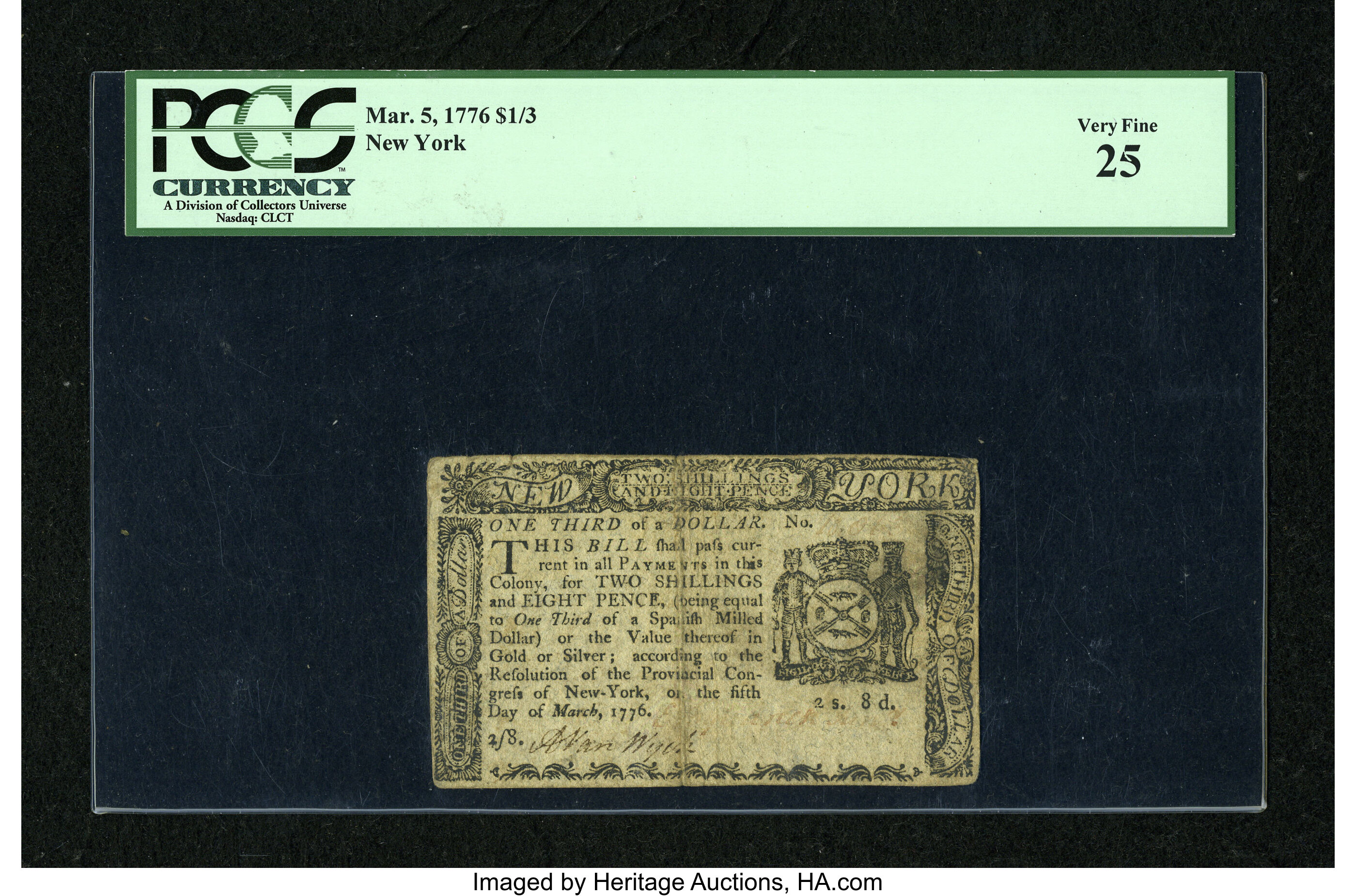 image for: New York March 5, 1776 $1/3 PCGS Very Fine 25....