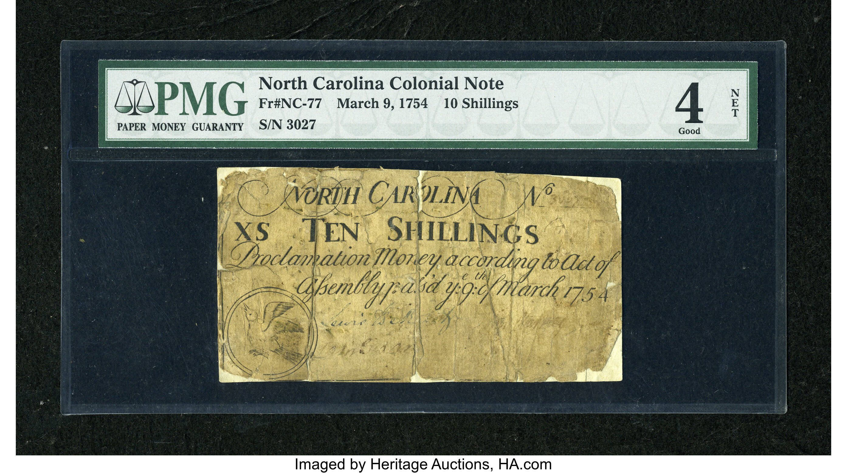 image for: North Carolina March 9, 1754 10s PMG Good Net 4....