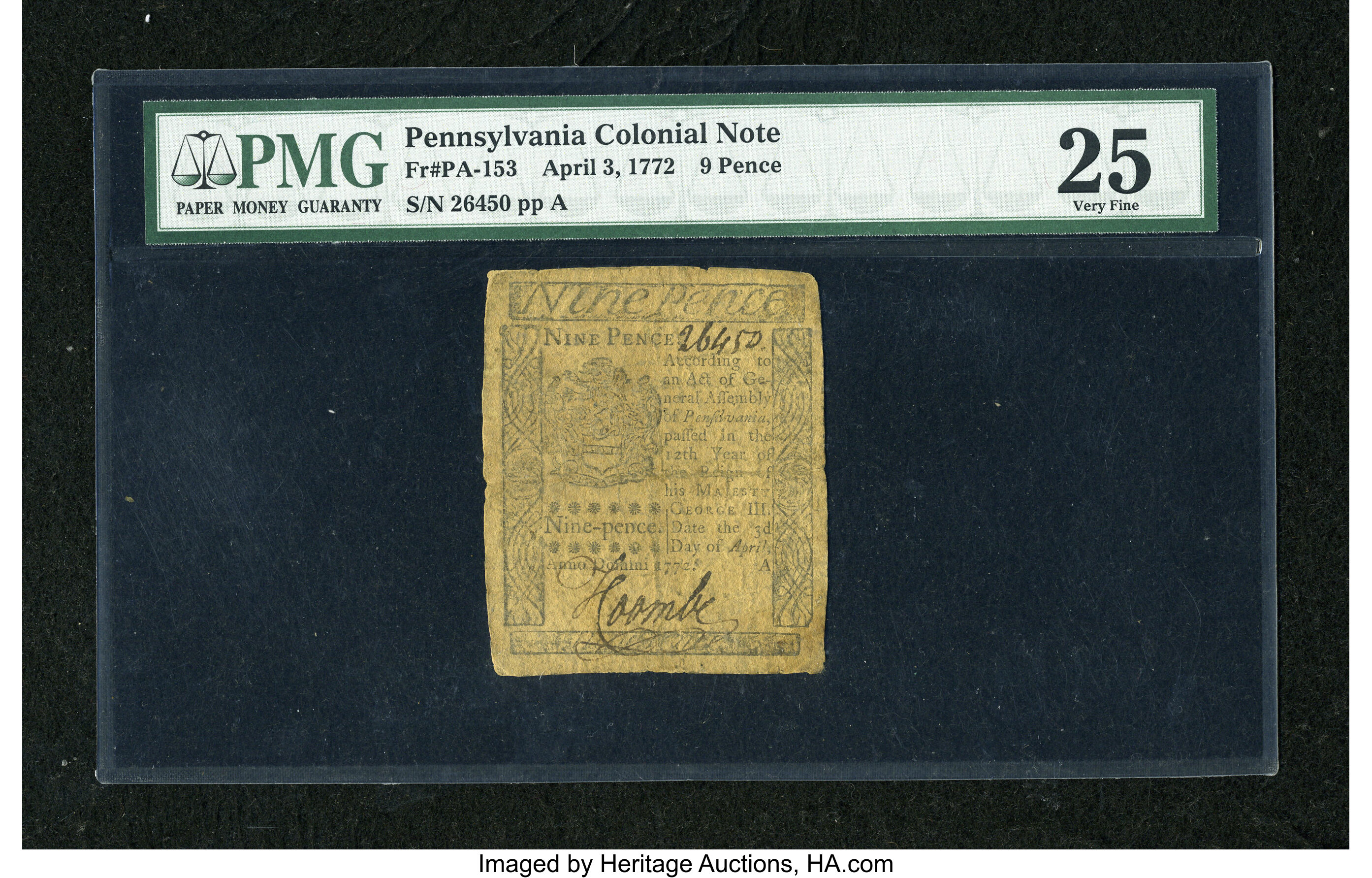 image for: Pennsylvania April 3, 1772 9d PMG Very Fine 25....