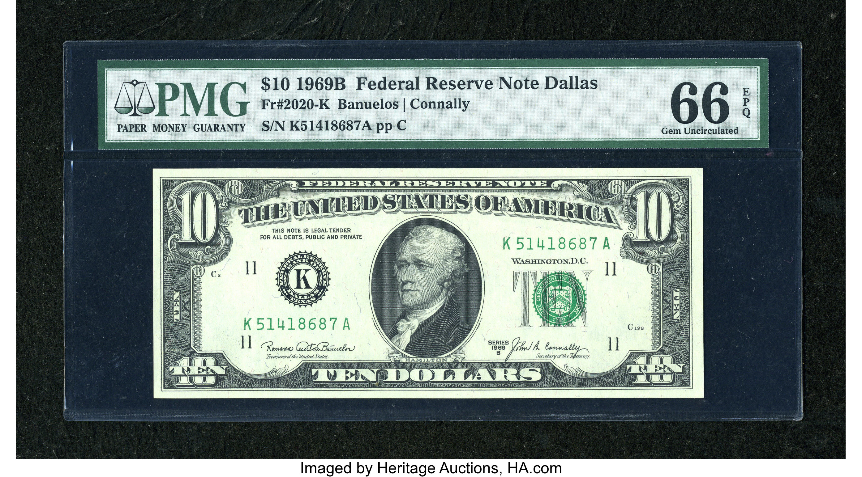 image for: Fr. 2020-K $10 1969B Federal Reserve Note. PMG Gem Uncirculated 66 EPQ....