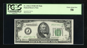 image for: Fr. 2104-J $50 1934B Mule Federal Reserve Note. PCGS Choice About New 58....