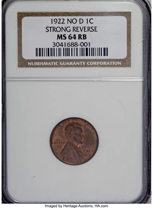 image for: 1922 No D 1C Strong Reverse MS64 Red and Brown NGC....