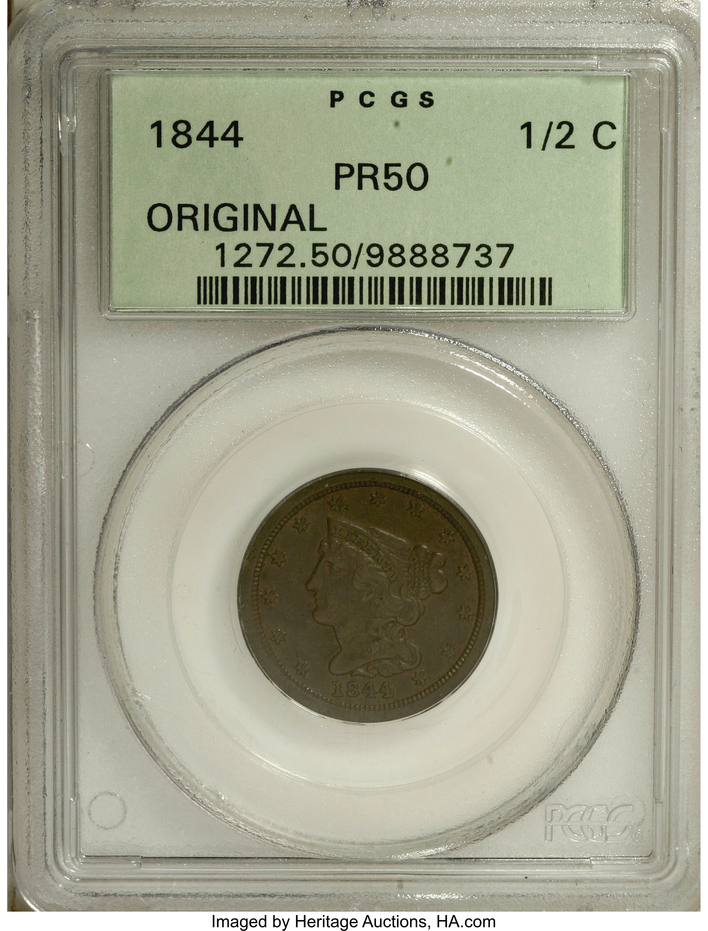 image for: 1844 1/2 C Original PR50 PCGS....