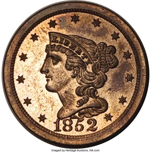 image for: 1852 1/2 C Restrike, Small Berries PR63 Red and Brown NGC....
