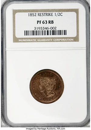 image for: 1852 1/2 C Restrike, Small Berries PR63 Red and Brown NGC....